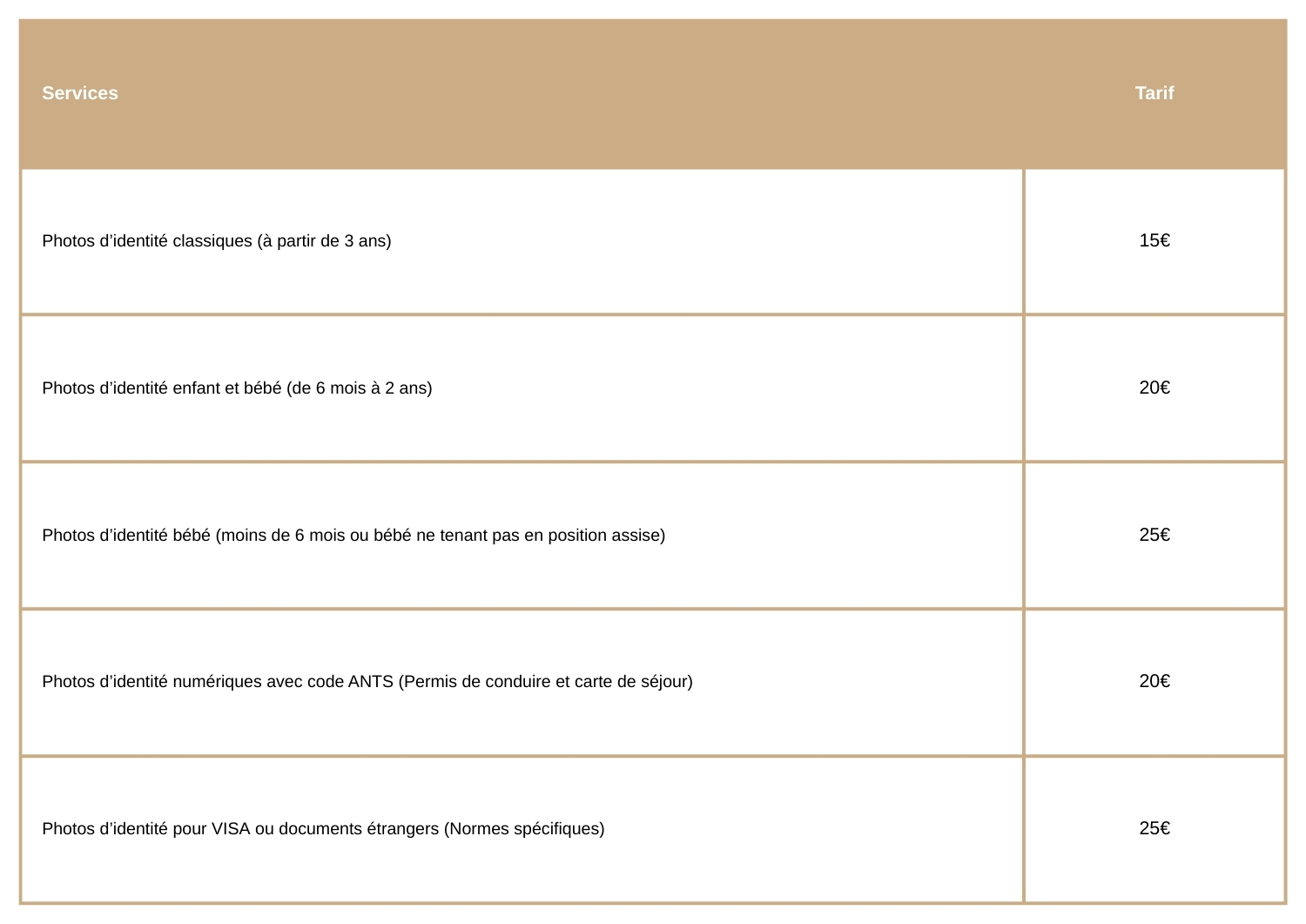 tarif photo d'identité chez un photographe